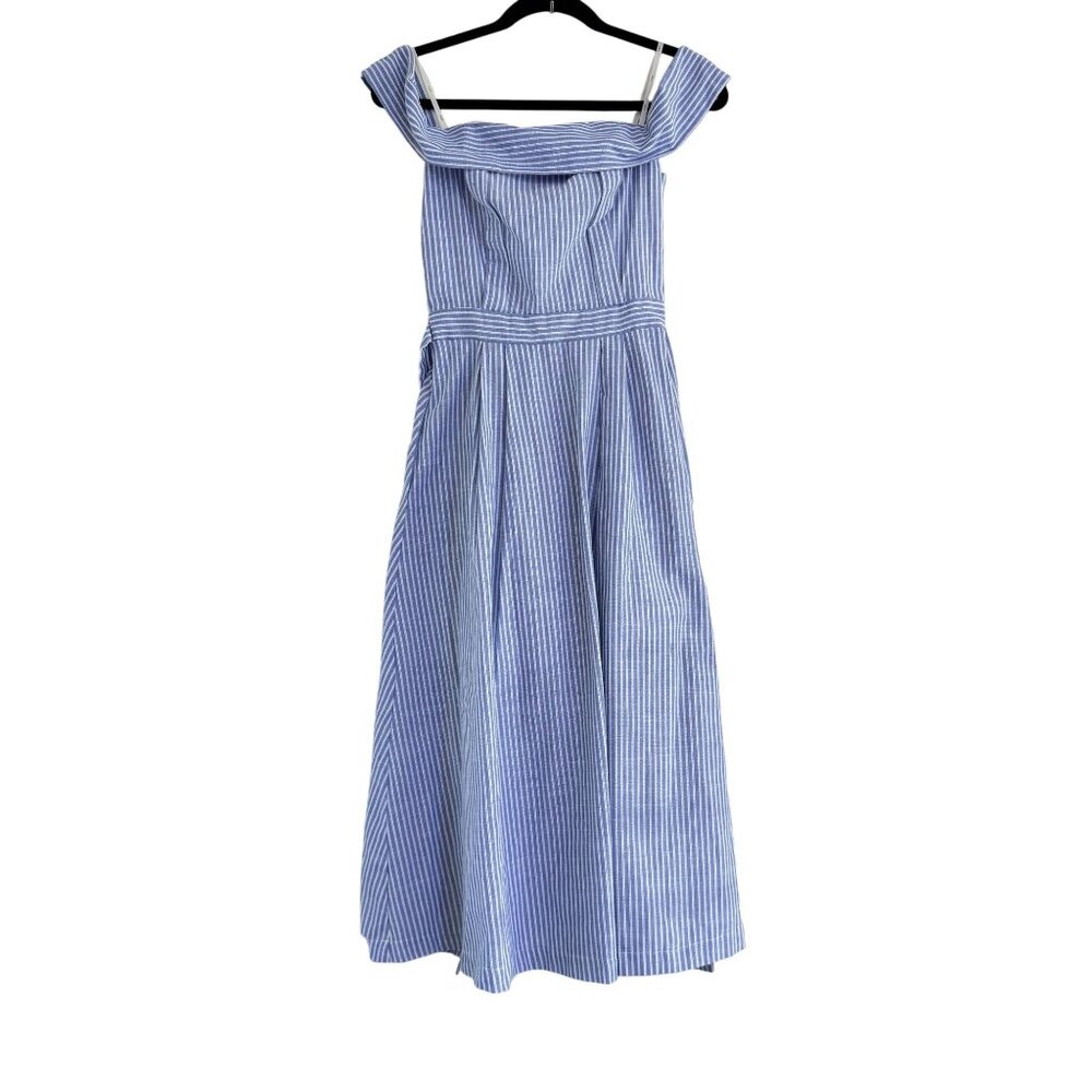J.O.A. Los Angeles Blue Stripe Classic Off Shoulder Midi Dress Belted Size S